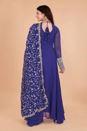 Image of ROYALICA Women's Georgette Gown Set with Solid Pattern Floor Length Round Neck Fit & Flare Full Sleeves Gown Pant and Embroidery Work Dupatta | Anarkali Gown Set for Women