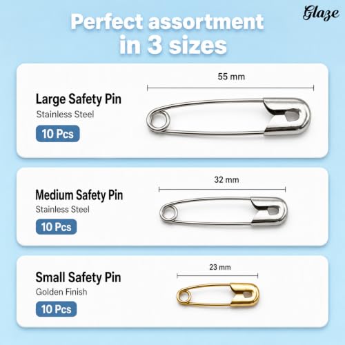 Image of Safety Pin Set Assorted Sizes 00, 01 & 04 | Rust Resistant Stainless Steel Pins for Sewing, Tailoring, Saree, Dupatta, Baby Clothes, Diapers, Quilting, Craft & Household Use