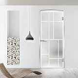 Porta in vetro per interni con battente in argento, modello urbano, vetro di sicurezza temperato satinato da 8 mm, decorazione bianca, cornice a L, adatta per apertura 70 x 198 cm