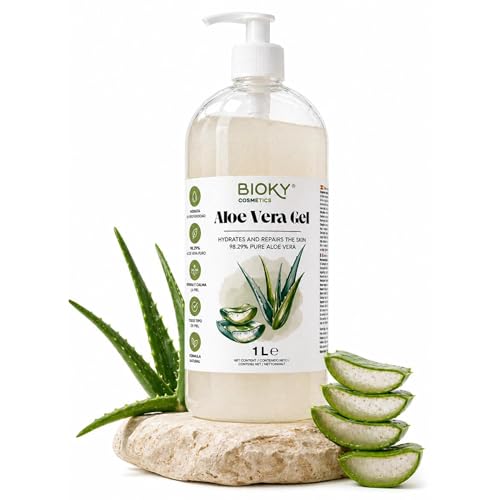 Bioky Gel Aloe Vera 100% Natural 1L – Puro, Orgánico, Hidratante y Calmante – Piel Hidratada e Iluminada | Natural y Versátil: AfterSun, Piel, Cabello, Post Depilación, After Shave (1 Litro)