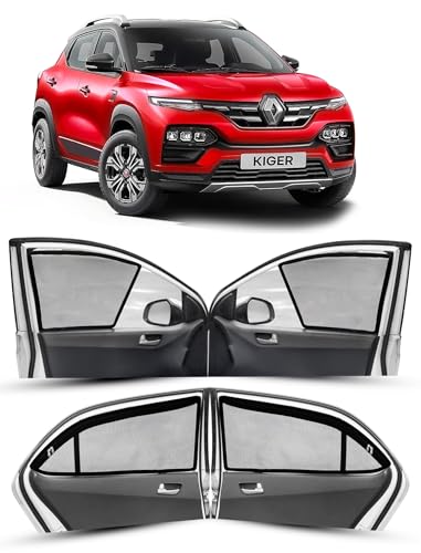 Image of Autofact Magnetic Car Sunshades Compatible with Renault Kiger (Set of 4) - Easy Installation, UV Protection, Keeps Car Cool (Front 2 Half-Cut for Side Mirror Visibility, Rear 2 with Zippers)