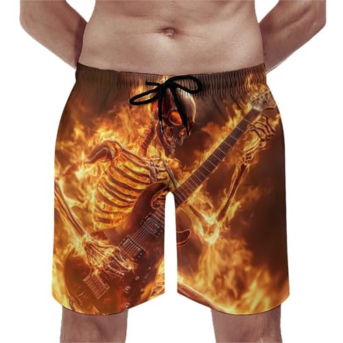 Human Skeleton Playing Guitar in Fire Men's Swim Trunks Quick Dry Board Shorts Hawaiian Beach Shorts With Pocket