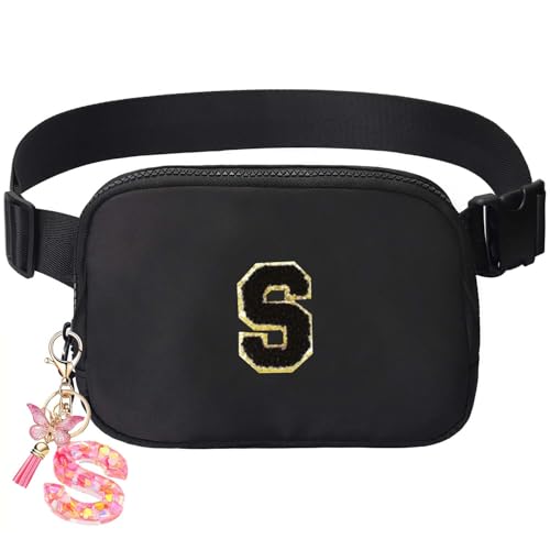 Image of Birthday Gifts for Teenager Girls Kids - Personalized Belt Bag for Girls Women Fashion Waist Packs Trendy Travel Fanny Pack Crossbody Bags with with Initial Letter Patch Cute Stuff Black S