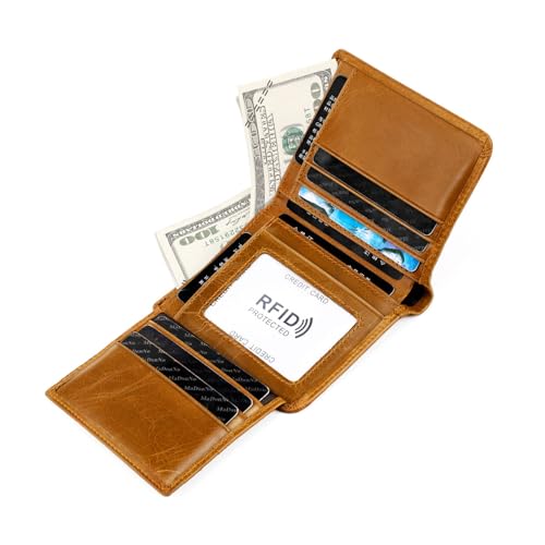 small Bifold Wallet Women Leather Compact Card Holder Zipper Pocket Wallet RFID Blocking Card Case Purse with ID Window(brown3)2