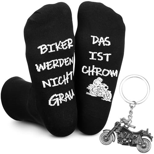 Geyoga 2 Stück Motorradgeschenke für Männer Beinhaltet 1 Lustig Socken und 1 Motorrad Schlüsselanhänger für Weihnachten Geburtstag Glücksbringer für Freund Partner Papa