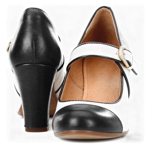 Image of SHODENSE Women Vintage Chunky High Heel Mary Jane Shoes Round Closed Toe Ankle Strap Dress Sandals 3 inch Block Heels Mary Jane Lolita Pumps Two-Toned Patchwork Buckle Office Lady Wedding Retro 4-11 M US