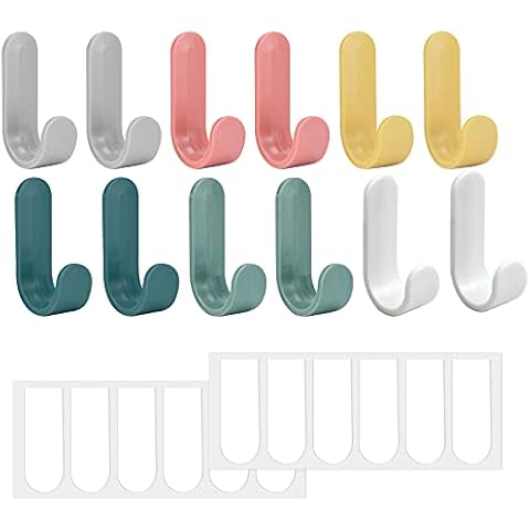 HQdeal 12pcs Colorful Self Adhesive Hooks, Heavy Duty Wall Hooks Waterproof Plastic Adhesive Wall Hanger Door Hooks Coat Hooks Sticky Hooks for Kitchen Bathroom Office Closet, No Drill Glue Needed Cover