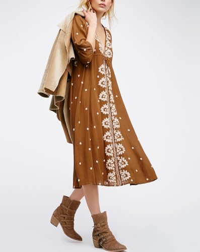 Women Boho Flowy Maxi Dress Floral Embroidered Puff Sleeve Long Dress Drawstring Deep V Neck Vacation Beach Sundress3