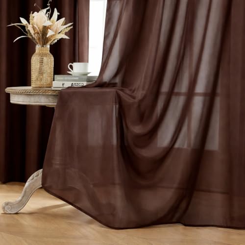 Image of 7 Feet Door Curtains Set of 2 - Semi Transparent Sheer Curtains for Living Room & Bedroom | Polyester Eyelet Curtain Panels | Modern Door & Window Curtain (Coffee)
