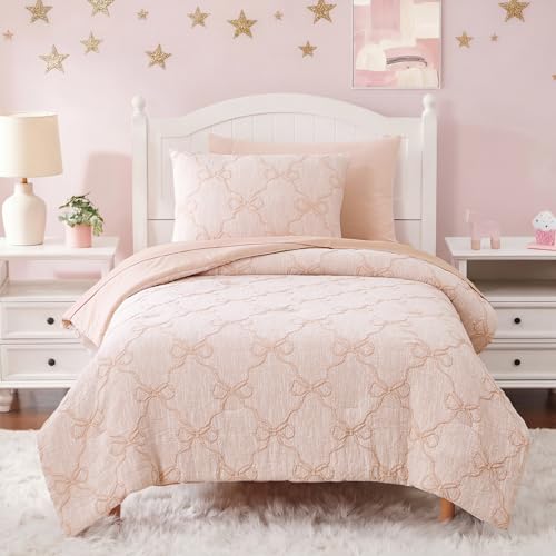 Image of Twin Comforter Set with Sheets for Girls-5 Pieces Bow Twin Bedding Sets | Soft Jacquard Bed Set with Blush Comforter, Pillowcases & Shams, 66 inch X 86 inch