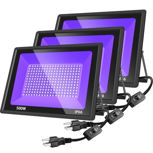 Image of 3Pack 500W LED Black Lights, Blacklight Flood Light with Plug & Switch, IP66 Outdoor Waterproof Blacklight for Halloween Party, Stage Light, Body Paint, Neon Glow 110V~265V AC