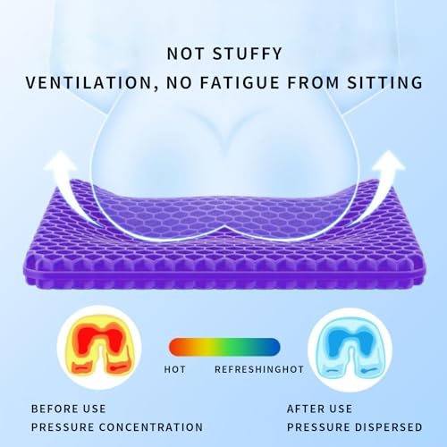 Image of Ergonomic Gel Seat Cushion for Long Sitting, Tailbone and Coccyx Pain Relief, Office Chair Comfort, Wheelchair Pad, Chair Cushion for Back Support, Comfort Wheelchair Seat Cushions (Purple)