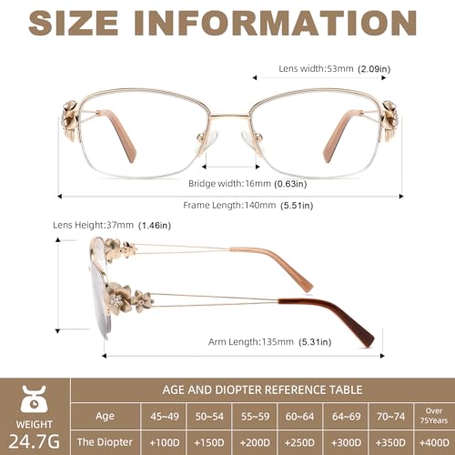 touk Photochromic Progressive Multifocal Reading Glasses for Women, Stylish Half Rim Metal Frame Anti Blue Light Sun Readers 1 Pack Gold +1.5 — view 6