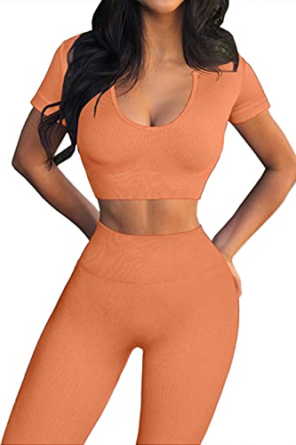 Mulisky Women's 2 Piece Tracksuit Workout Outfits High Waist Pants And Stretch Sports Crop Top Yoga Activewear Set Orange M #TOP3