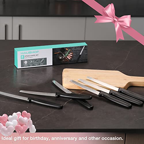 HAUSHOF Steak Knives Set of 6, Serrated Steak Knives, Premium Stainless Steel Steak Knife Set with Gift Box, Black Handle - Image 7