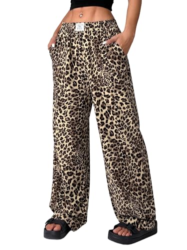 SweatyRocks Jogging Bottoms Women's Baggy Y2k Leo Trousers with Pocket Sweatpants Wide Leg Leo Print Loose Trousers Women's Trousers with Elasticated Casual Trousers, khaki, S