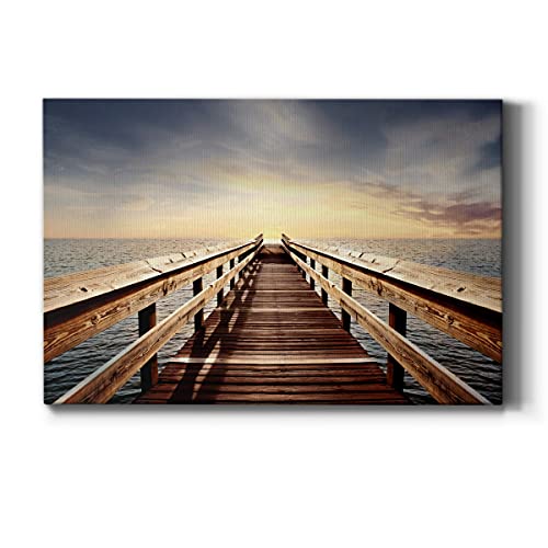 Renditions Gallery Beach Ocean Dock Landscape Canvas Wall Art for Home Décor,Break of Day,Ready to Hang, 18''x 12'', Made in America