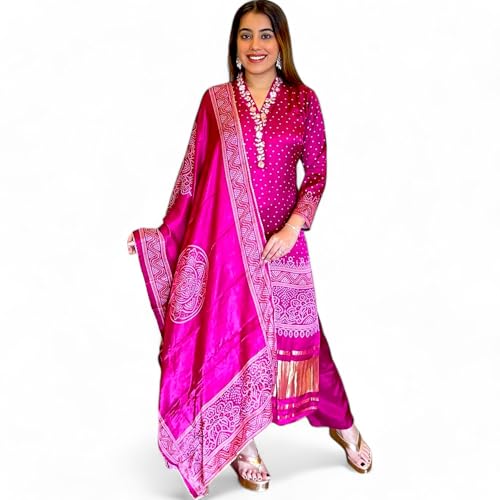 RangMahal Indian Women's Chinon Silk Fabric Kurta Pant and Dupatta