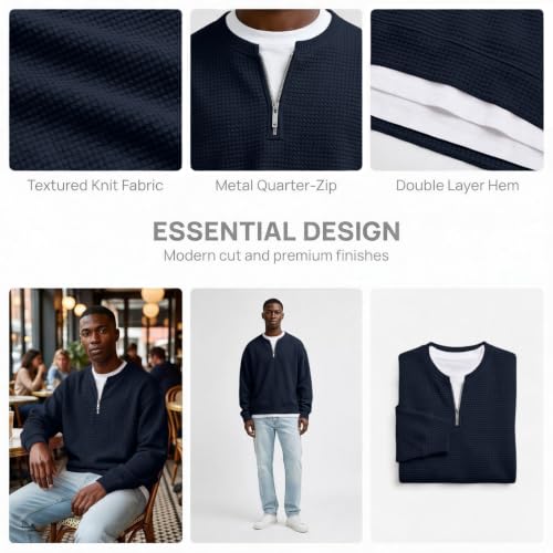 Layered Comfort Waffle Tee Men Quarter Zip Casual Fall Long Sleeve Shirt - image 5