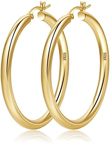 4mm Thick Gold Chunky Earrings Steling Silver Post Hoops Earrings For Women Hollow Tube Hoops Earrings Thick Golden Hoop Earrings Hypoallergenic Lightweight Gold Hoop Large Earrings 20/30/40/50/60MM