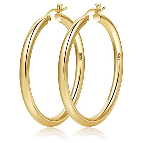 4mm Thick Gold Chunky Earrings Steling Silver Post Hoops Earrings For Women Hollow Tube Hoops Earrings Thick Golden Hoop Earrings Hypoallergenic Lightweight Gold Hoop Large Earrings 20/30/40/50/60MM Cover