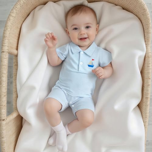 Gueuusu Newborn Baby Boy Beach Outfit Sailboat/Crawfish Embroidery Button Romper Striped Lapel Short Sleeve Bodysuit Clothes3
