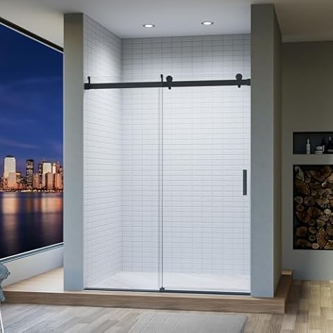 68-72" W x 76" H Frameless Shower Doors with Buffer, Single Sliding Bathroom Shower Door, 3/8" (10mm) Thick SGCC Tempered Glass Shower Door, Soft-Closing, Reversible Installation, Matte Black Finish Cover