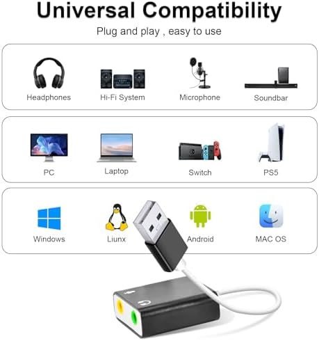 QAJOPFN USB Audio Adapter, External Sound Card for PC and Laptop,USB Microphone Adapter to 3.5mm(1/8 inch) for Headphone, Speaker and Microphone Jack, Plug and Play - 4
