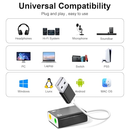 QAJOPFN Adaptador de áudio USB, placa de som externa para PC e laptop, adaptador de microfone USB pa