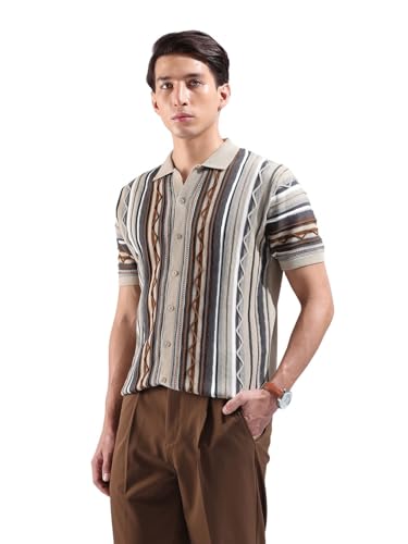 Image of The Indian Garage Co Men Slim Fit Textured Flatknit Half Sleeves Shirt