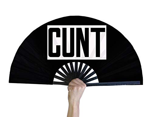 God Glam It Hand Fan – Bamboo Hand Fan for Women and Men – Big Folding Fan – Chinese Fan for Festivals, Parades, and Decorations – Black Design with Custom Print – 12-inch Handheld Fan (Cunt)