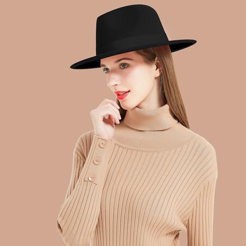 Wide Brim Fedora Hats for Women & Men Classic Dress Panama Hat Adjustable Felt Hat with Band - Thumbnail 6