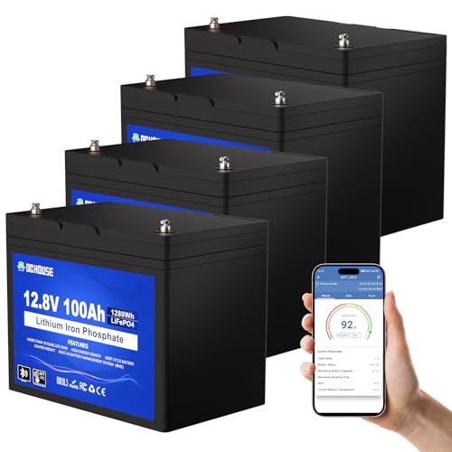 DC HOUSE 12V 100AH 4Pack Lithium Battery, 5.12 KWH LiFeO4 Battery 100A