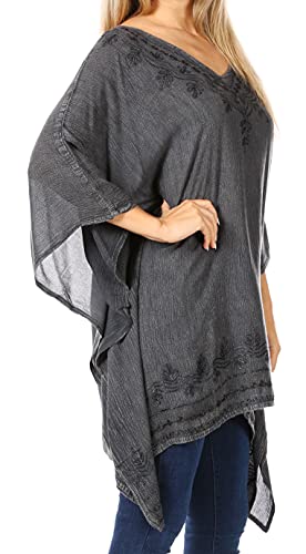 Image of Sakkas Wren Lightweight Circle Poncho Top Blouse with Detailed Embroidery