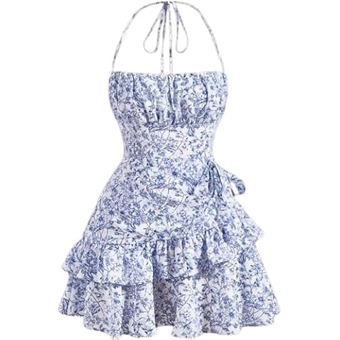 Narecte Summer Dresses for Women 2024,Tie Backless Mini Dress,Halter Dress,Floral Print Short Dresses,Ruffle Trim Casual Dresses Blue M Cover