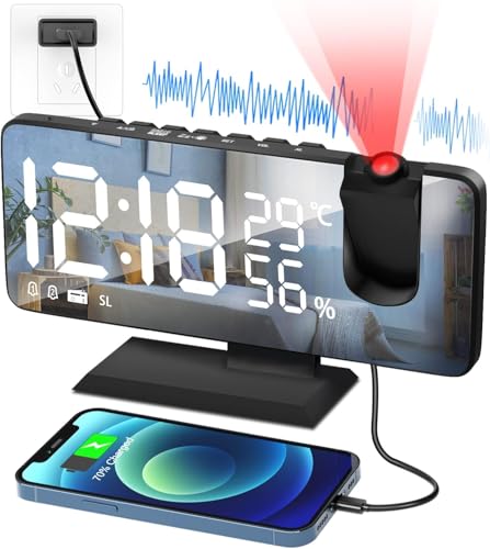PEYOU Wecker mit Projektion【7.4'】, Projektionswecker【mit 4 Stufen Bildschirmhelligkeit】 Radiowecker mit Temperatur Datum, 12/24H, Snooze-Doppelwecker für Schlafzimmer Kinder Senioren Wand Deckenuhr