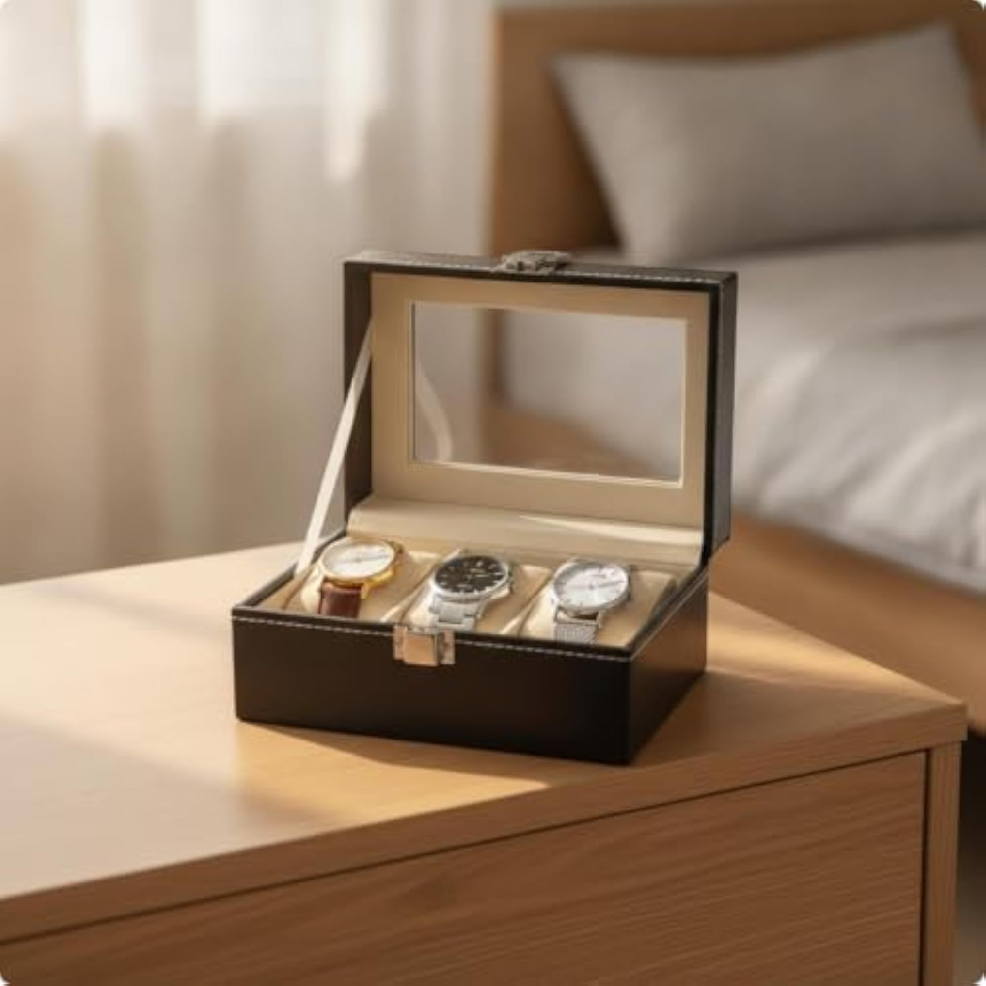 3-Slot Watch Box with Clear Lid for Collectors