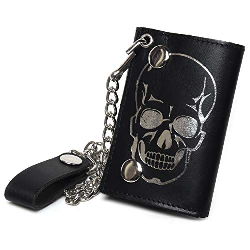 Leatherboss Genuine Leather Trifold Cool Skull Biker Chain Credit Card Cash with ID Holder Wallet