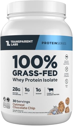 Transparent Labs Grass-Fed Whey Protein Isolate - Naturally Flavored, Gluten Free Whey Protein Powder with 28g of Protein per Serving & 9 Amino Acids - 30 Servings, Oatmeal Chocolate Chip Cookie