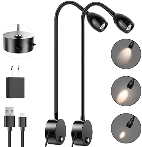 Wall Mounted LED Reading Light with 15" Flexible Gooseneck, Focused Adjustable Book Light for Reading In Bed with USB Output, Plug In Dimmable Bedside Headboard Night Lights, Touch Control - 2 Pack