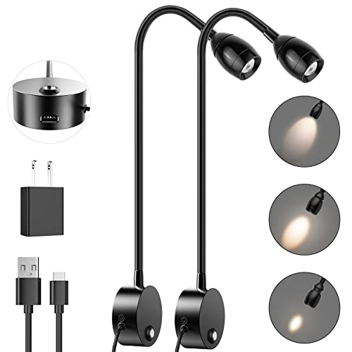 Wall Mounted Led Reading Light With 15" Flexible Gooseneck, Focused Adjustable Book Light For Reading In Bed With Usb Output, Plug In Dimmable Bedside Headboard Night Lights, Touch Control - 2 Pack #TOP2