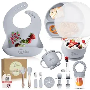 O'doe 17-Piece BPA-Free Silicone Baby Feeding Set | Thick & Soft Suction Plates, Baby Food Bowl, Wooden Fork & Spoon, and More | Make Mealtime Fun and Easy for Your Little One | Grey V2