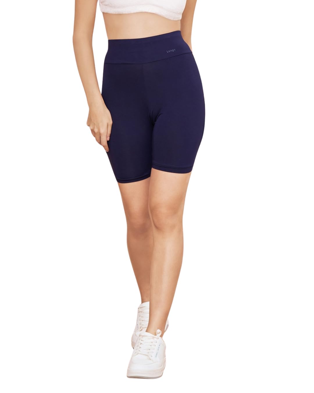 lango Women's Cotton Blend High Waist Stretchable Biker Shorts, Navy Blue, Above Knee Body Fit for Gym, Lounge & Night Wear-picture-12