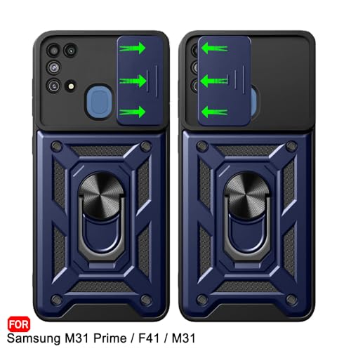 Image of TheGiftKart Tough Armor Bumper Back Cover Case for Samsung Galaxy M31 / F41 / M31 Prime | Ring Holder & Kickstand in-Built | 360 Degree Protection Back Case (PC & TPU, Sliding Camera Cover, Blue)