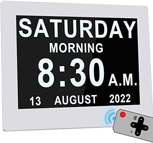 [2022 Newest] 12 Alarms Dementia Clock 8 Inch Large with Remote Control, 5 Levels Auto Dimmable, Non-Abbreviated Date and Day Clock with Calendar for Alzheimers Seniors with Digital Frame Feature