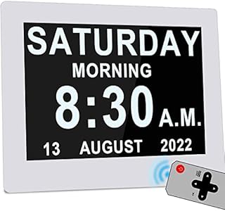 [2022 Newest] 12 Alarms Dementia Clock 8 Inch Large with Remote Control, 5 Levels Auto Dimmable, Non-Abbreviated Date and Day Clock with Calendar for Alzheimers Seniors with Digital Frame Feature