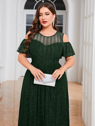 Image of ZOMVA Plus Size Sparkly Mesh Maxi Dress Cold Shoulder Ruffle Sleeve High Low A Line Dresses Wedding Guest Cocktail Party