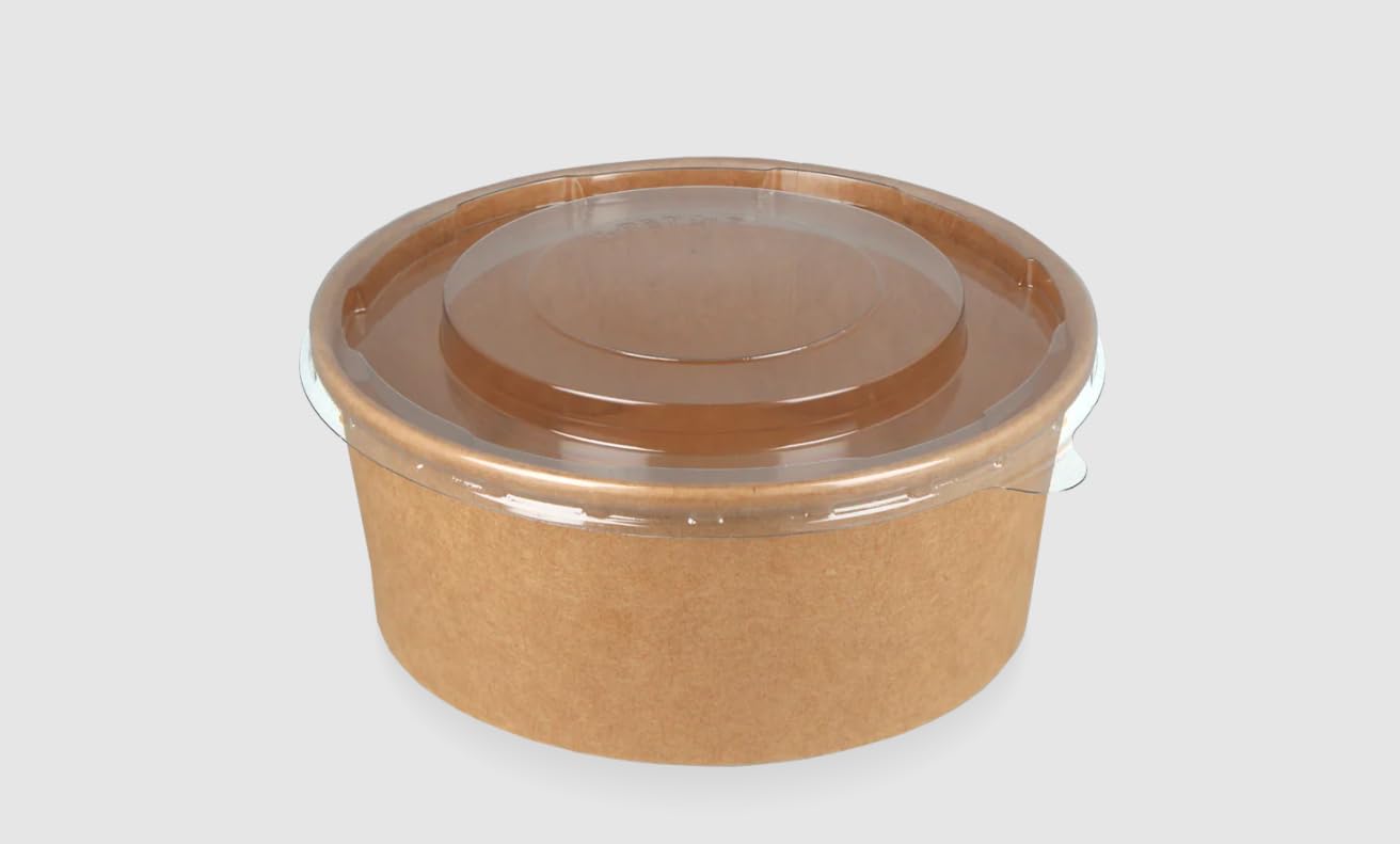 KURTT - 100 Uds. Ensaladas de cartón con tapa - 500 ml Kraft Ensaladera - 500 ml - tazón de pokébowl - 500cc - Bandeja marrón - Ensaladera redonda con tapa - 500 ml - fiambrera - Bandeja para llevar