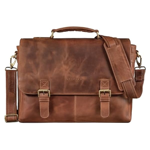 STILORD 'Dorian' Grote aktetas leder heren Vintage businesstas met 15,6 inch laptop vak Trolley Bevestigbaar, Kleur:andorra - bruin