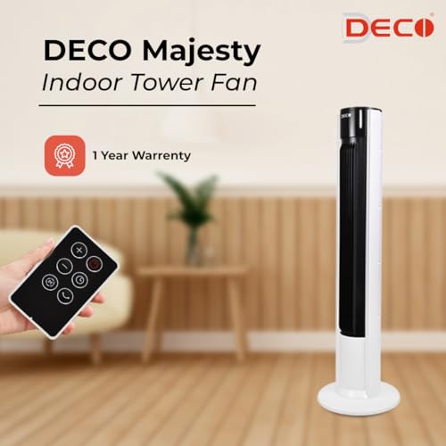 Image of DECO Majesty Indoor Tower Fan with Touch Remote (Black and White, 40 W) | 3 Wind Modes, 3 Speed Settings | Internal Oscillation, Large